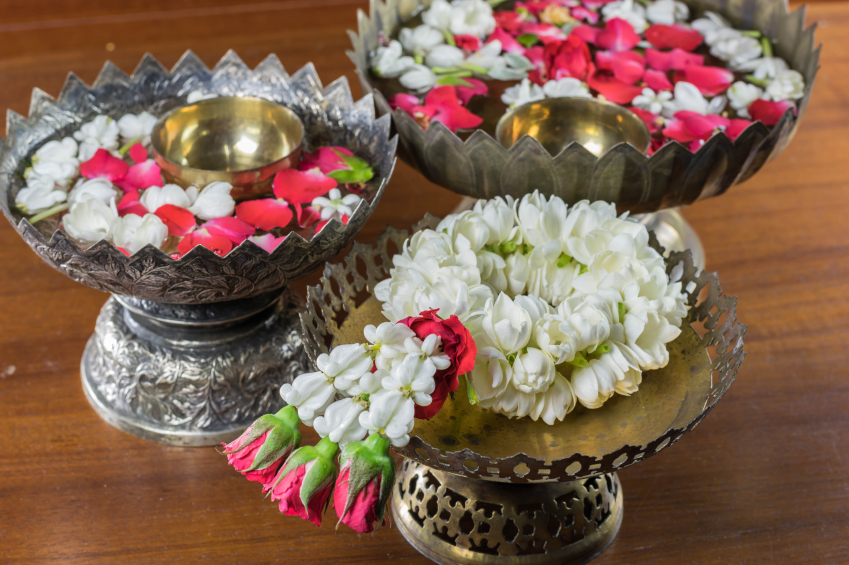 Thai garland Flowers and Water with jasmine and roses corolla in